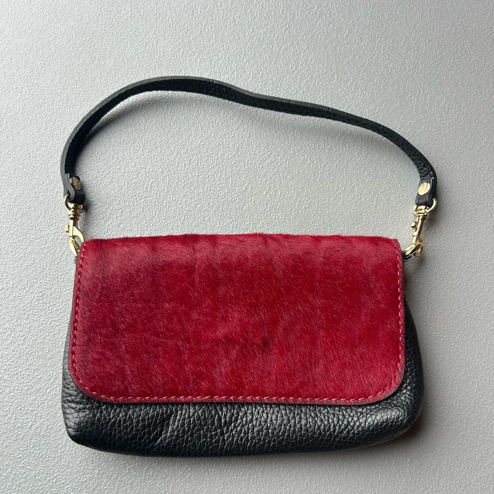 Red and Black Haircalf & Leather Wristlet Clutch